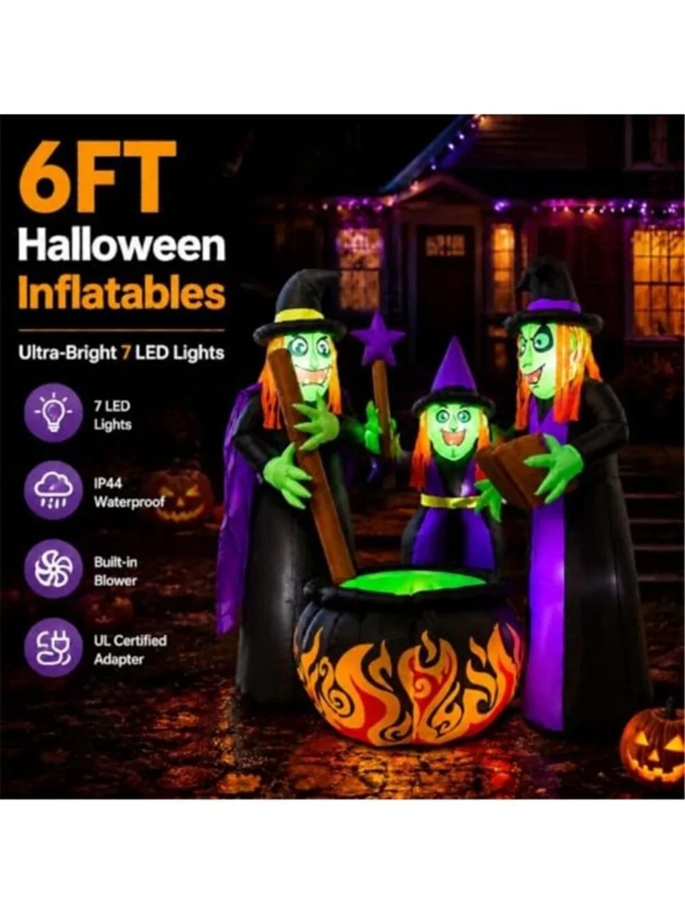 6 FT Halloween Inflatables 3 Witches Around Cauldron Outdoor Decorations, Scary